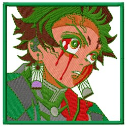 A young male character with green hair and large expressive eyes, featuring vibrant clothing details and red accents, ideal f