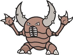 Cartoonish horned creature with spiked horns and raised muscular arms, in playful brown tones perfect for children's projects