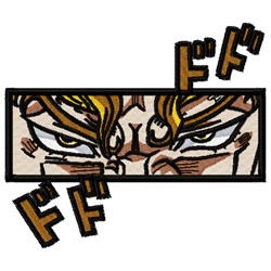 Stylized character face with intense expression, dramatic eyes, flowing hair, and energetic speech bubbles in a bold comic st