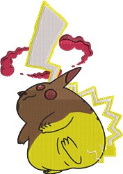 Cartoon mouse-like creature in playful style, featuring a brown body and yellow belly, surrounded by energetic lightning bolt