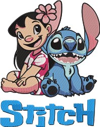 Cheerful girl with black hair and pink flower next to a playful blue alien in cartoon style, adding vibrancy.