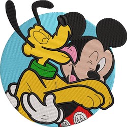 Mickey Mouse and Pluto in a playful pose on a light blue circular background, vibrant colors, cartoon style.