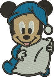 Mickey Mouse in blue pajamas, smiling with a pillow, perfect for a cheerful bedtime theme.
