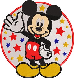 Mickey Mouse waving with a bright smile amid colorful stars on a circular background, vibrant and playful style.