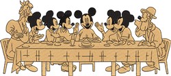 Mickey Mouse surrounded by playful characters at a warm, detailed table setting with food items.