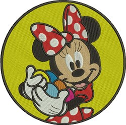 Cartoon Minnie Mouse with a red polka dot bow, holding colorful eggs on a bright yellow background for Easter.