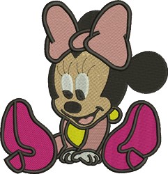 Applique Minnie Mouse with a large pink bow, yellow collar, and joyful expression, perfect for kids' apparel.