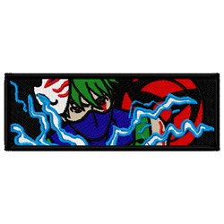 Ninja character with green hair and mask surrounded by blue lightning on a vibrant red background.