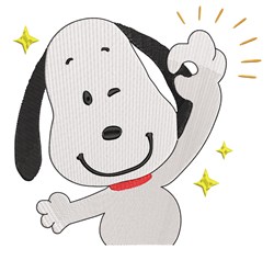 Playful smiling dog in cartoon style with light gray fur, black ears, raised paw, and cheerful sparkles.