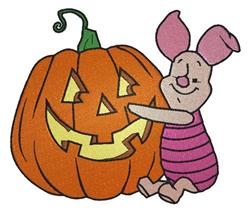 detailed halloween pumpkin machine embroidery pattern - Piglet & Jack-O-Lantern for reusable tote bags