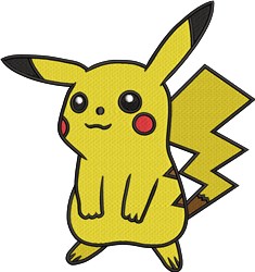 Cheerful Pikachu in vibrant yellow with black-tipped ears and red cheeks, perfect for playful embroidery.