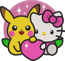 detailed kitten machine embroidery pattern - Pikachu & Kitty for reusable tote bags