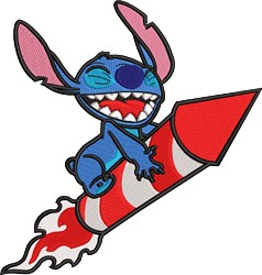 Cartoon character with blue fur joyfully rides a red and white rocket, showcasing vibrant flames at the base.