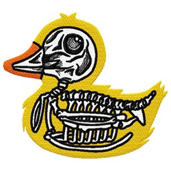 Whimsical skeleton rubber duck design with black outlines on a bright yellow background, perfect for playful projects.