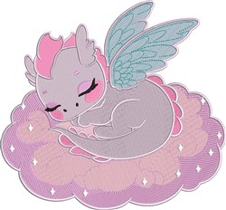 Whimsical sleeping dragon with gray scales and pink accents on a fluffy pink cloud, surrounded by sparkles.