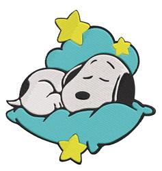 Cartoonish sleeping dog nestled in a fluffy cloud, surrounded by bright yellow stars in a whimsical, cozy scene.