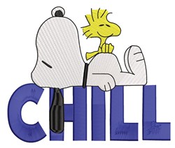 Cartoon Snoopy lying down with closed eyes and Woodstock cheerfully perched on his back, with 'CHILL' in blue.