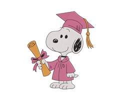 Cartoon dog Snoopy in a pink graduation cap and gown, holding a diploma, perfect for graduation celebration.