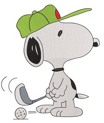Cartoon dog holding a golf club, wearing a green cap with a red dot, alongside a small golf ball. Playful design.
