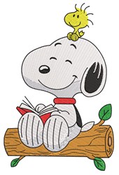 Snoopy sitting on a log reading a book, with Woodstock perched on his head, in a whimsical cartoon style.