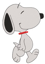 Cartoon smiling dog with a joyful expression, light gray fur and black accents, wearing a bright red collar.