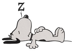 Cartoon sleeping dog in a relaxed pose with playful z's above, designed for modern machine embroidery.