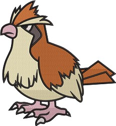 Colorful cartoon sparrow with brown and cream feathers, pink feet, and a playful tuft on its head.