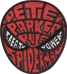 Stylized Spider-Man mask with red and black colors, Peter Parker text, bold graphic design, ideal for casual wear.