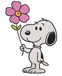 Playful cartoon dog with a smile, holding a pink flower in spring colors, perfect for cheerful designs.