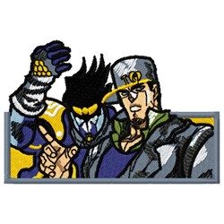 Comic characters in a dynamic pose with bold outlines and vibrant colors, showcasing exaggerated features.