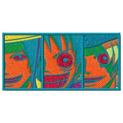 Three stylized faces with bold colors and cartoonish features against geometric backgrounds, perfect for playful decor.