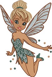 Colorful fairy character with sparkling wings, light blonde bun, and sequined green outfit, playful and enchanting.