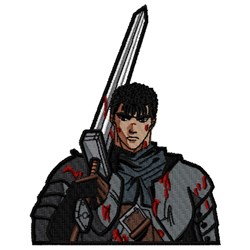 Anime-inspired warrior holding a sword, detailed dark armor, and blood splatters, showcasing battle readiness.