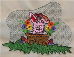 Playful bunny peeks over a colorful flower pot, surrounded by vibrant blooms, perfect for Easter decor.