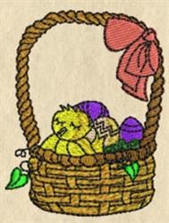 Easter basket with a sleeping chick, colorful eggs, and pink ribbon, showcasing a playful and festive design.