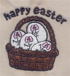 Colorful basket of Easter eggs with playful expressions and 'happy easter' text in a cartoonish style.