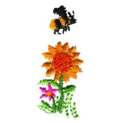 Colorful bee hovering over a vibrant sunflower with rich orange tones, amidst green leaves and a pink flower, perfect for spr