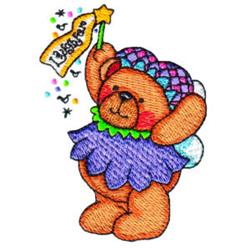 Cute bear with a whimsical hat waving a colorful wand, surrounded by stars and musical notes for a birthday celebration.