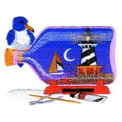 A whimsical blue bird on a glass bottle, with vibrant scenes of a lighthouse and sailboat at sunset.