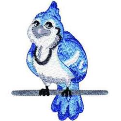 Vibrant blue jay with playful expression, perched on a branch, featuring blue feathers and white details, whimsical style.