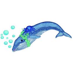 Standard blue whale with a colorful octopus, surrounded by bubbles and green seaweed in a playful underwater scene.