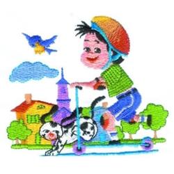 Boy Riding Scooter - 4x4 puppy dog detailed machine embroidery design for Backpacks
