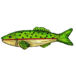Cartoon fish in vibrant green with black spots, a red stripe, and colorful fins. Perfect for applique designs.
