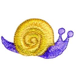 Playful snail with a yellow spiral shell and purple body, featuring detailed circular patterns and expressive eyes.