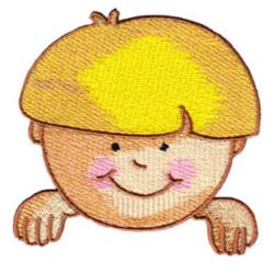 Playful cartoon child character face with blonde hair, rosy cheeks, and a big smile, perfect for kids' items.