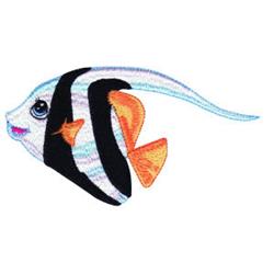 Colorful fish with black stripes, vibrant orange fins, and expressive eyes, perfect for playful decor.