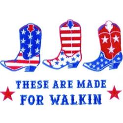 Playful cowboy boots in red and blue with white stars for Independence Day, featuring whimsical text 'THESE ARE MADE FOR WALK