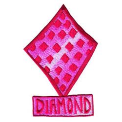 Playful diamond shape with a vibrant checkered pattern in pink shades and a bold red outline, text 'DIAMOND' below.