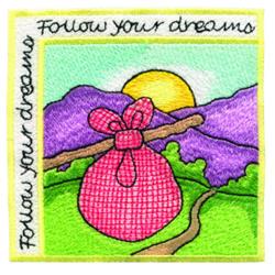 Whimsical pink dream sack with a bow, nestled in lush greenery near colorful purple mountains and a golden sun.