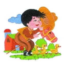 Playful boy interacting with a large horse and yellow ducks, set in a bright cartoonish farm scene with a red barn.